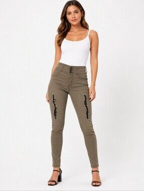 Lovesick Super Skinny Jeans Olive Distressed Triple Button Size 15 Y2K